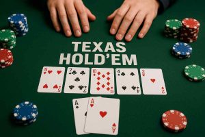Mesa de Poker Texas Hold’em no CBF365 cassino com jogadores concentrados.