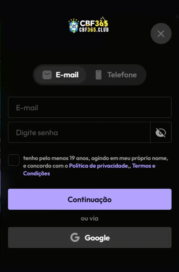 Registro rápido no CBF365 cassino